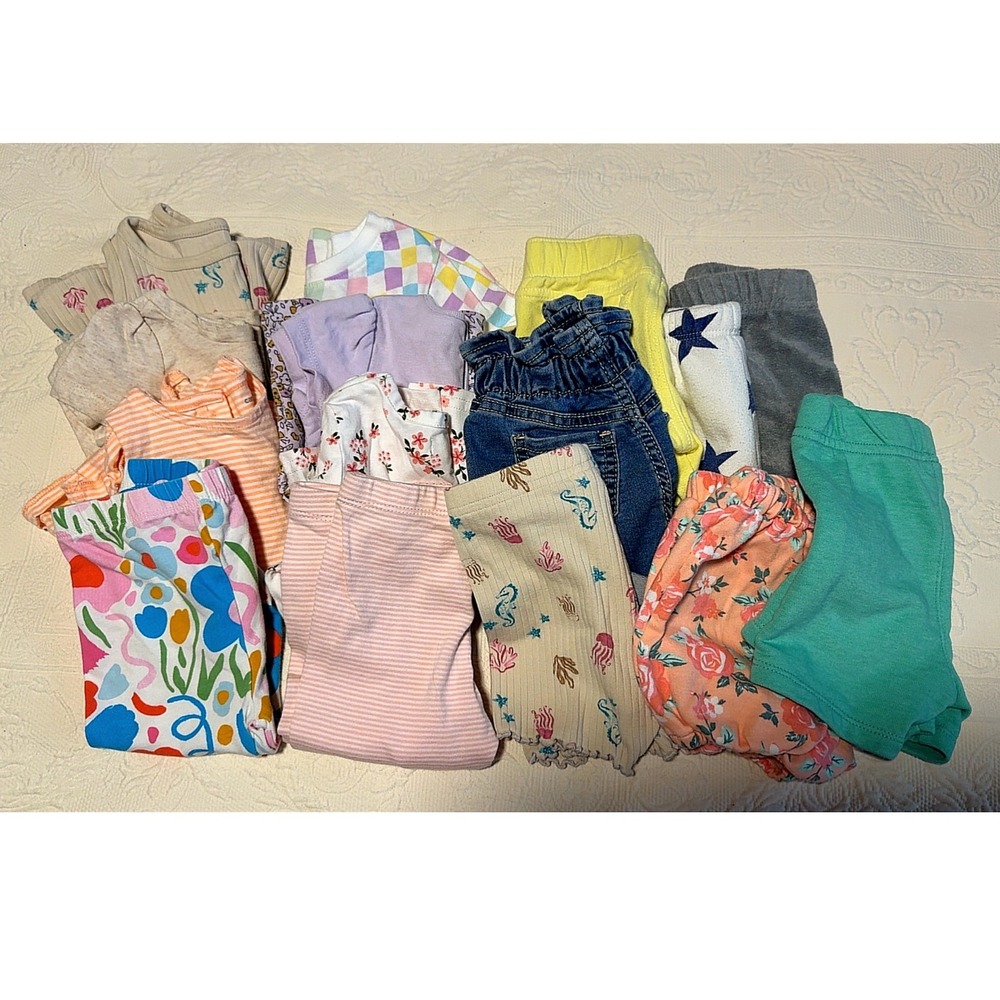 Baby Girls Shorts Shirts Pants Lot Floral Denim Knit Multi Color 14pc Bundle